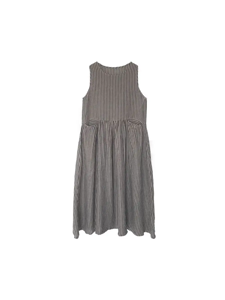 Summer Cotton Linen Striped Loose Vest Dress Women Sleeveless Breathable Elegant Robe Casual Holiday Clothing X1351