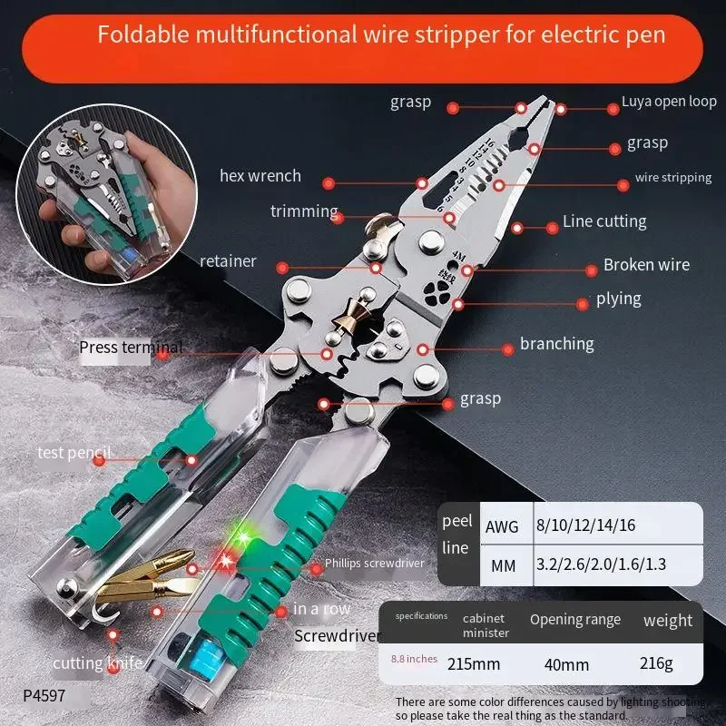 Heavy-Duty Folding Wire Stripper - Integrated Voltage Tester For Multi-Function Electrical Work