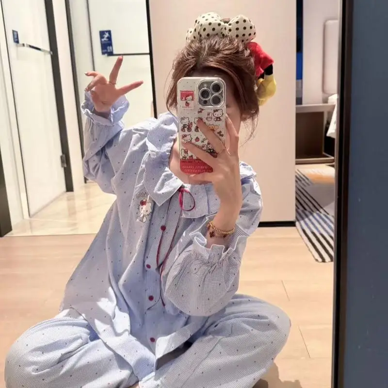 

Sanrio весенне-осенние пижамы для девочек, 2 предмета, hello kitty, рубашка высокого качества, новый стиль, свободная одежда с кукольным воротником из мультфильма, популярная домашняя одежда