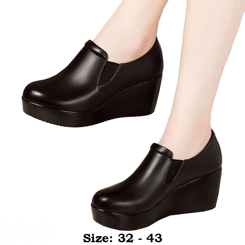 high quality leather wedge shoe for women 6cm mid heel platform round toe 32 33 43 elegant and fashion autumn winter shoe black