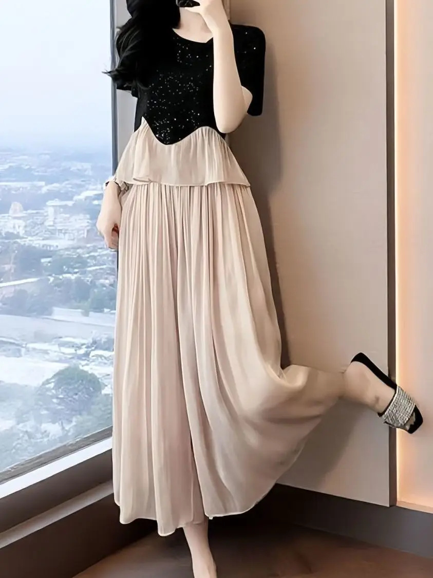plus Size Women's Fashion Summer Set High Waist Wide Leg Pants Top with Ruffle Hem Two Piece Bright Color Contrast Sequin