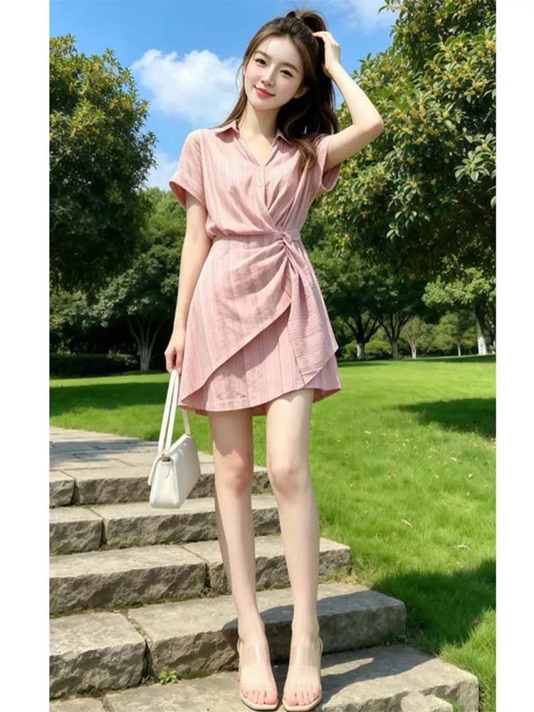Summer 2026 Pink Shirt Design Sensation Waist Cinching Twist Casual Short Skirt Women's High Waist A-Line Dress Vintage Splice