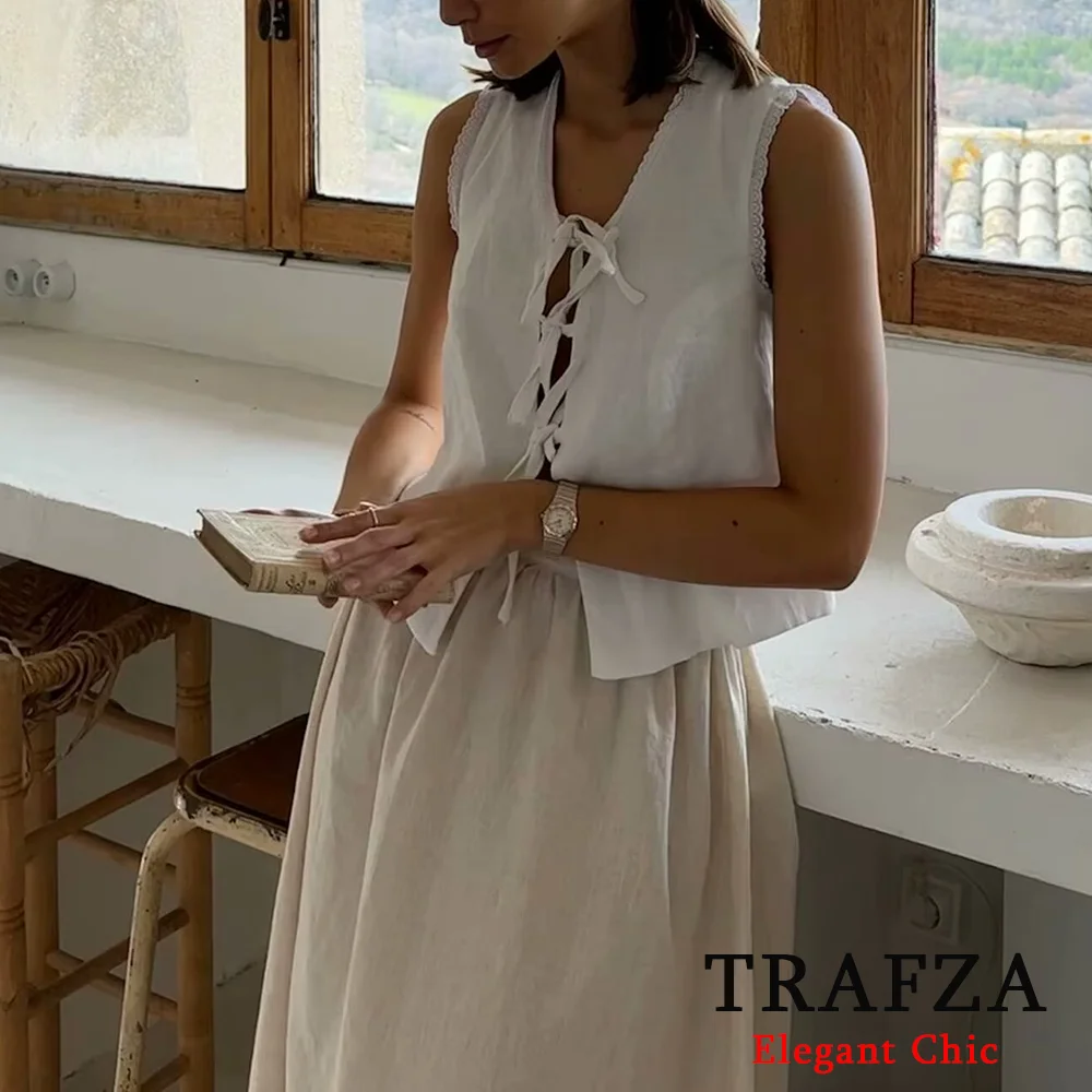 TRAFZA Minimalist Chic Solid Vest Women V-Neck Sleeveless Y2k Top Fashion 2024 Summer Bow Tie Loose Shirts Blouses Casual Tops