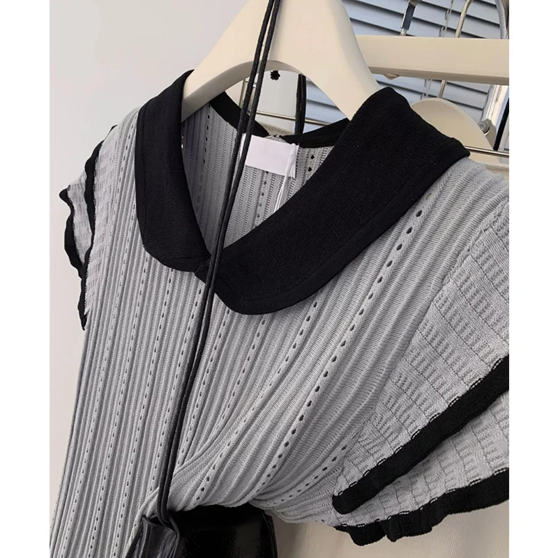 Summer Casual All-match Patchwork Turn-down Collar Short Sleeve T-Shirts Female Sweet Screw Thread Hollow Out Ruffles Top Tee