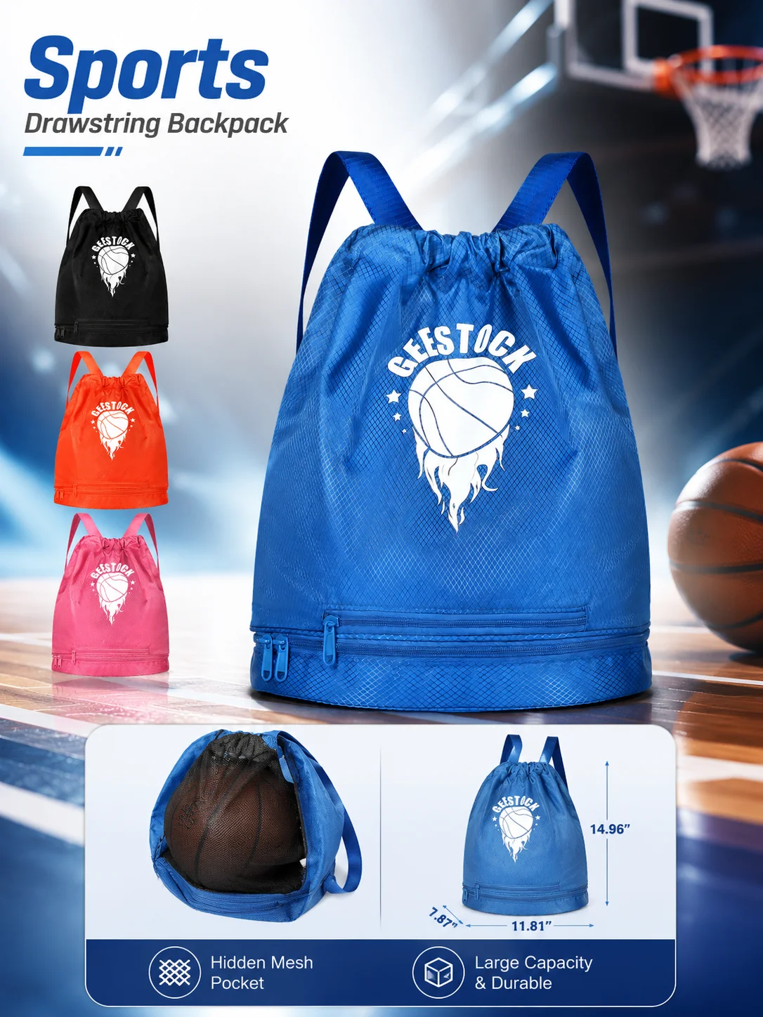 Drawstring Sports Backpack with Hidden Mesh Ball Bag & Bottom Zipper Pocket for Basketball Soccer Volleyball