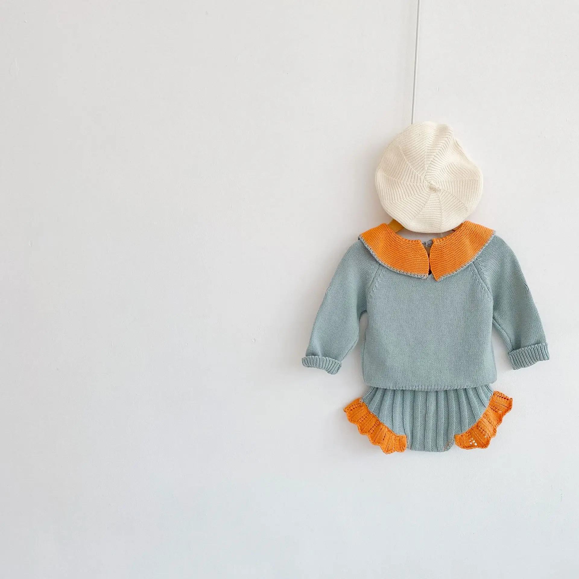 Autumn New Girl Baby Knitted Set Embroidered Lotus Leaf Collar Top+Lace Pants Two Piece Set