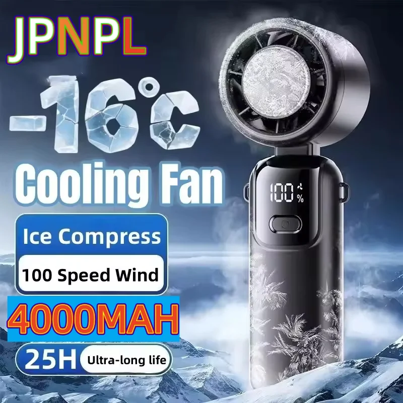 JPNPL 4000mAh Hanging Ice Pack Handheld High-speed Fan Folding 100 Speed Infinitely Adjustable Fan Portable For Outdoor Neck