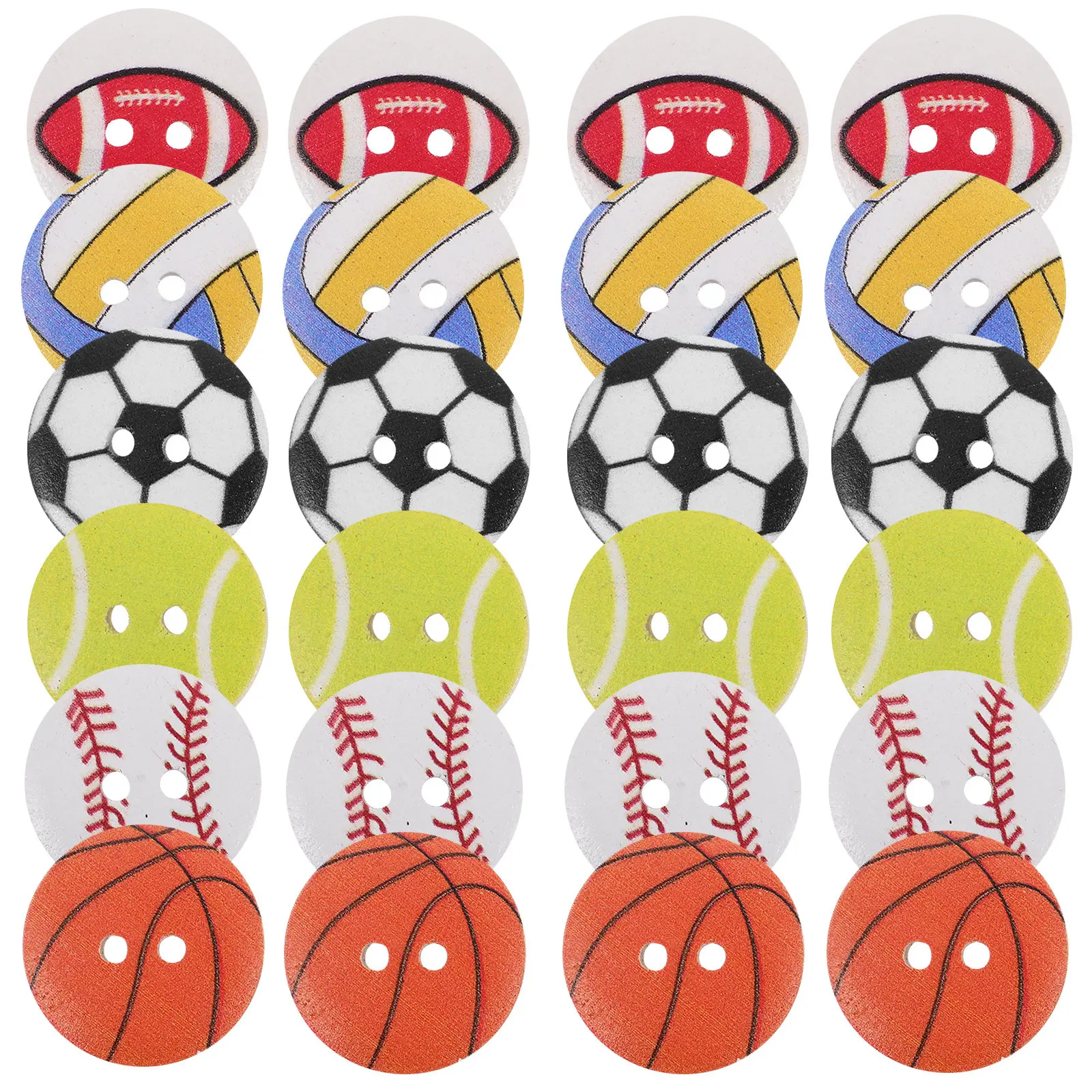 Wooden Sports Ball Buttons 100Pcs Football Basketball Tennis White Background Craft Buttons for Sewing Clothes