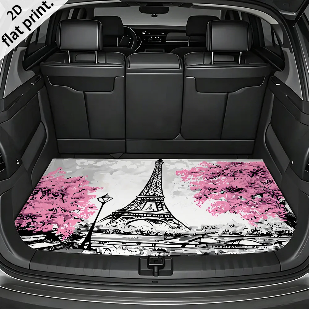 1pc 2D Flat Romantic Paris Eiffel Tower Cherry Blossom Car Trunk Mat - Suitable For Sedans And SUVs, Durable, Easy To Clean, Kee
