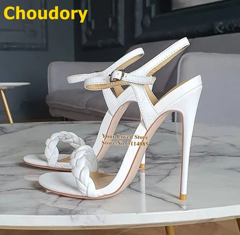 

Choudory White Blue Braided High Heel Sandals Buckle Strap Plaited Concise Women Summer Dress Shoes Party Footwear Size47