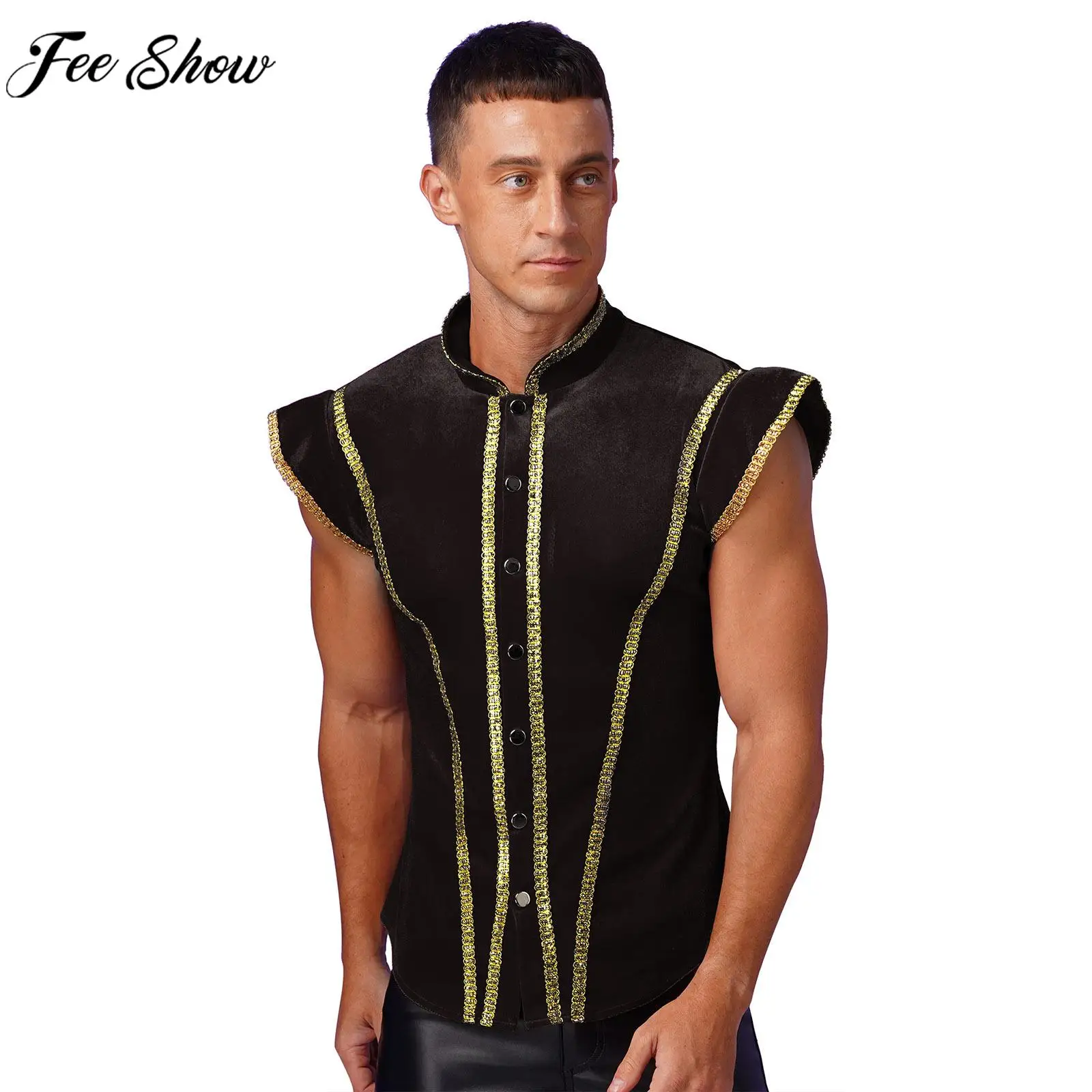 Men Medieval Retro Vest Halloween Carnival Theme Party Circus Cosplay Costume Stand Collar Gold Trims Velvet Steampunk Waistcoat