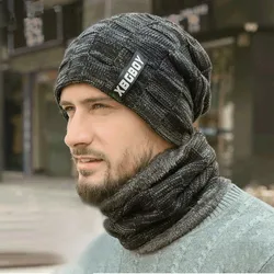 Gorro de invierno para hombre y mujer, traje de bufanda de Jersey y sombrero, forrado en polar de terciopelo, grueso y cálido, gorro de punto