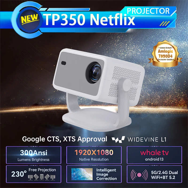 

TP350 Projector Netflix Certification 650ANSI 4K 1080P Android 13 Wifi6 BT5.2 Dual 2.4G/5G Auto Keystone Correction Auto Focus