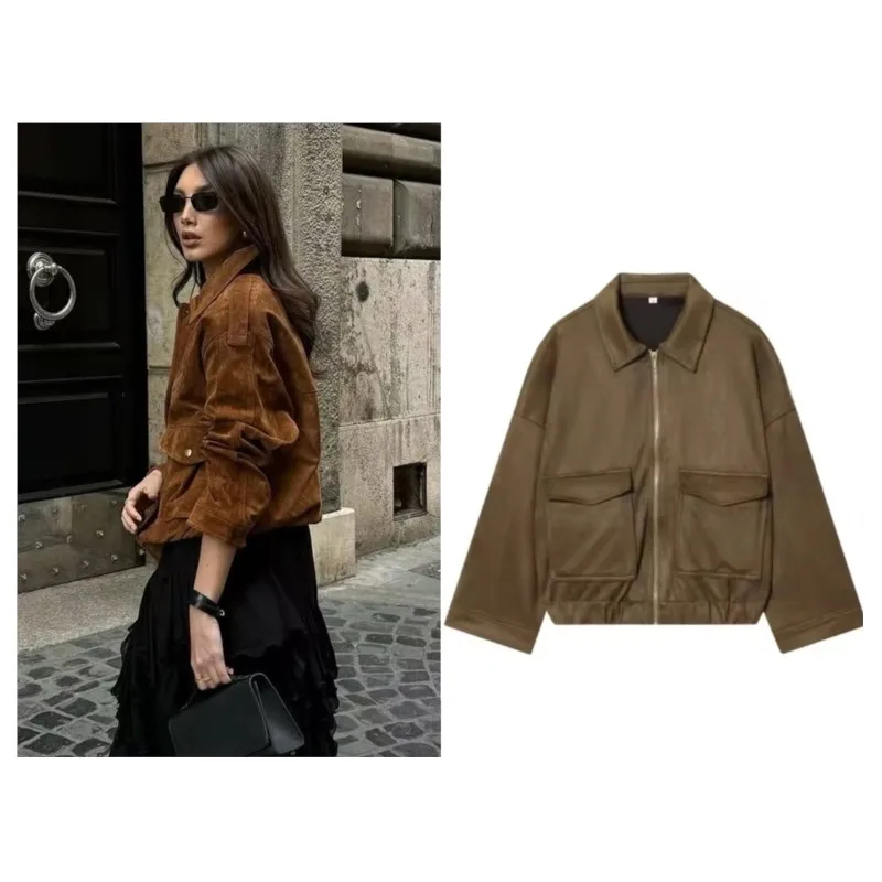 

Женская куртка из искусственной замши, осенняя простая куртка с длинными рукавами, элегантное женское теплое пальто на молнии, шикарные уличные женские топы для отдыха