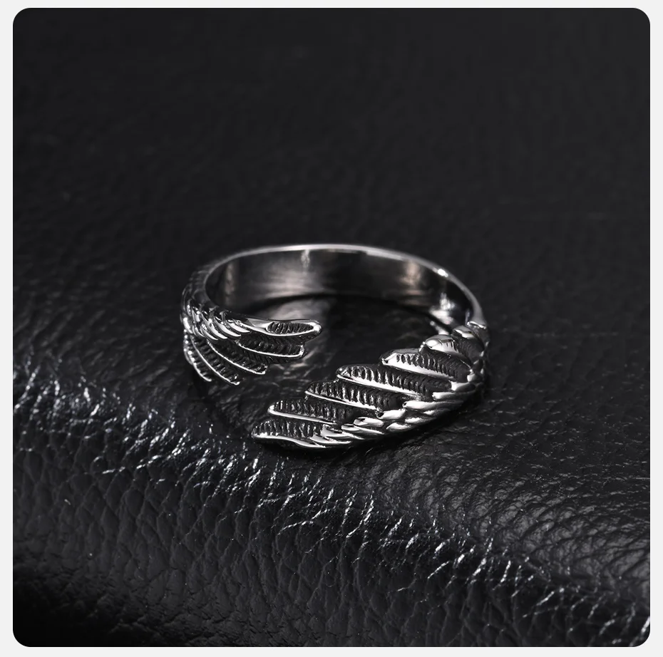 Vnox Herren Edelstahl Engelsflügel Offener Ring Retro Feder Verstellbarer Bandring Punk Vintage Fingerschmuck Geschenk für Ihn – Detail 6