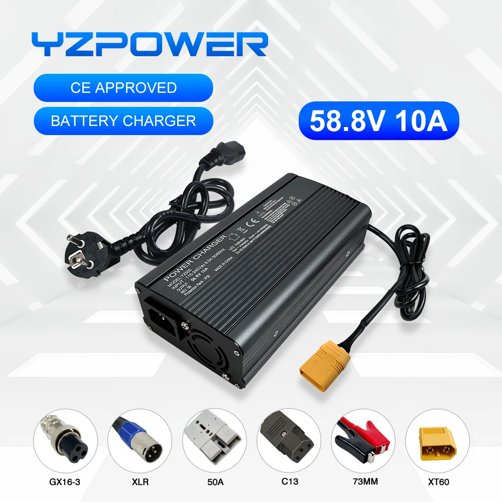 

YZPOWER 58.8V 10A 14S Lithium Battery Charger For 48V Fast Charging Helper for Electric Tools With Cooling Fans With Output Plug