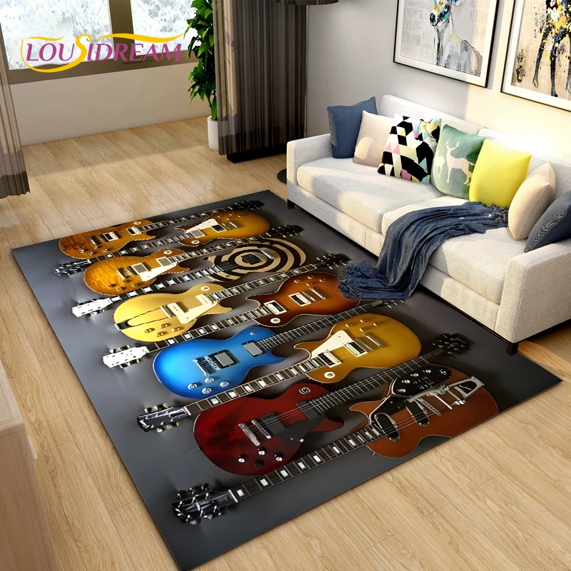 Music Theme Electric Guitar Print Flannel Area Rug Colorful Instruments Design Soft Comfortable Floor Mat For Living Room