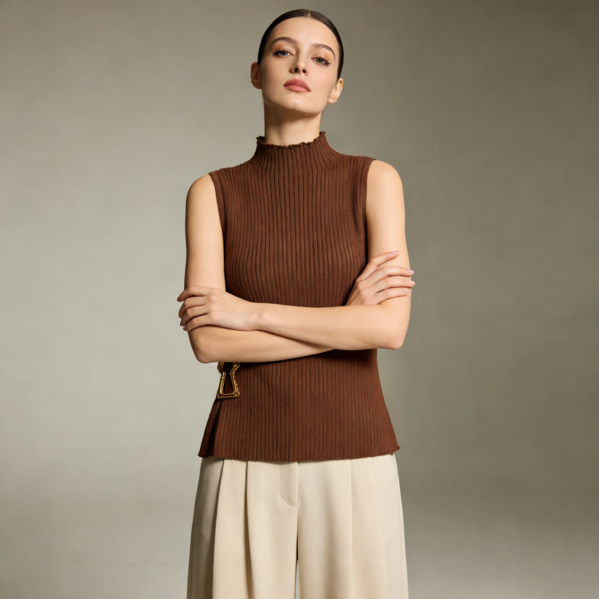 NOVA Stylish Ribbed Knit Sleeveless Turtleneck Women Tank Top Key Buckle Detail Black White Brown Daily Chic Fashion Top