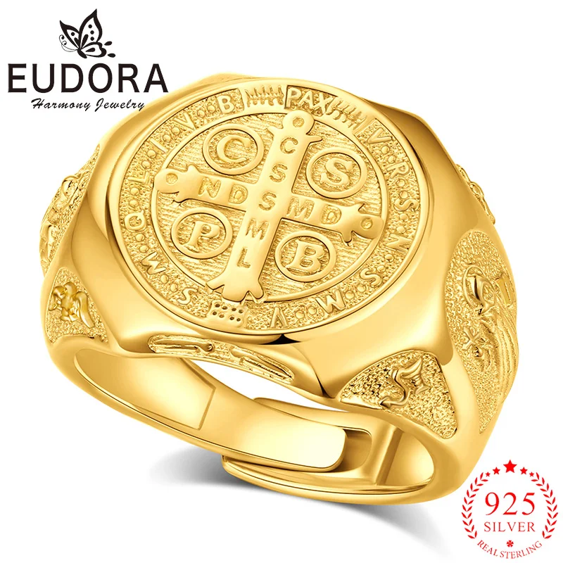 

Eudora St. Benedict Ring 925 Sterling Silver Plated 18K Gold Cross Amulet San Benito Adjustable Ring Blessed Catholic Jewelry