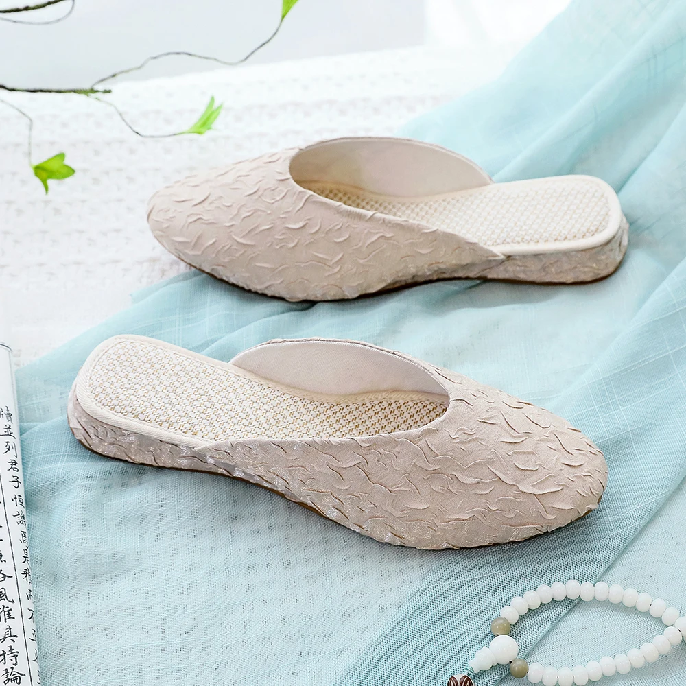 Veowalk Handmade bawełna lniana haftowane pantofle damskie Casual eleganckie lato Slip-on płaskie buty Outide wygodne pantofle