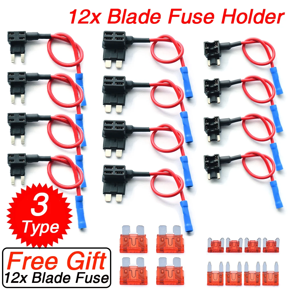 12pcs 12V Car Blade Fuse Holder Add A Circuit TAP Adapter Micro Mini Standard ATM APM Auto Fuses 10 AMP Truck Van SUV Fuse Wire