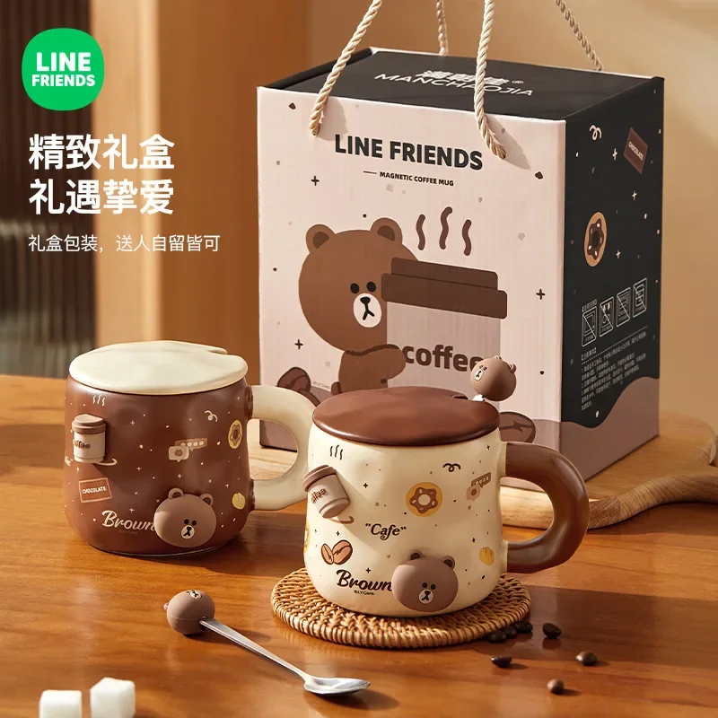 Kawaii Home Magnetic Brown Doll Ceramic Mug Line Friends Creative Cute Cartoon Souvenir Breakfast Milk Coffee Cup Christmas Gift