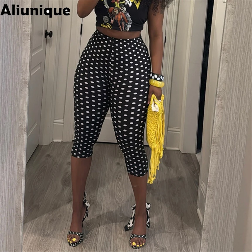 Aliunique Elegant Polka Dot Capri Leggings for Women High Waist Bodycon Yoga Pants Casual Summer Streetwear Stretch Pencil Pants