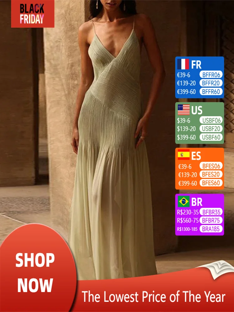 

Sexy Backless Party Dress Women V-neck Sleeveless Sling Green Maxi Female Beach Dresses 2024 Summer High Split Cotton Lady Robe