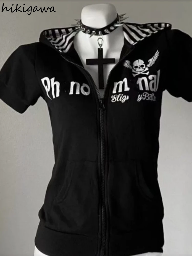 

Streetwear Y2k Hoodie Women's Clothing Skull Print Short Sleeve Zipper Sweatshirts Coat Y2k Tops Hooded Casual Fashion Hoodies