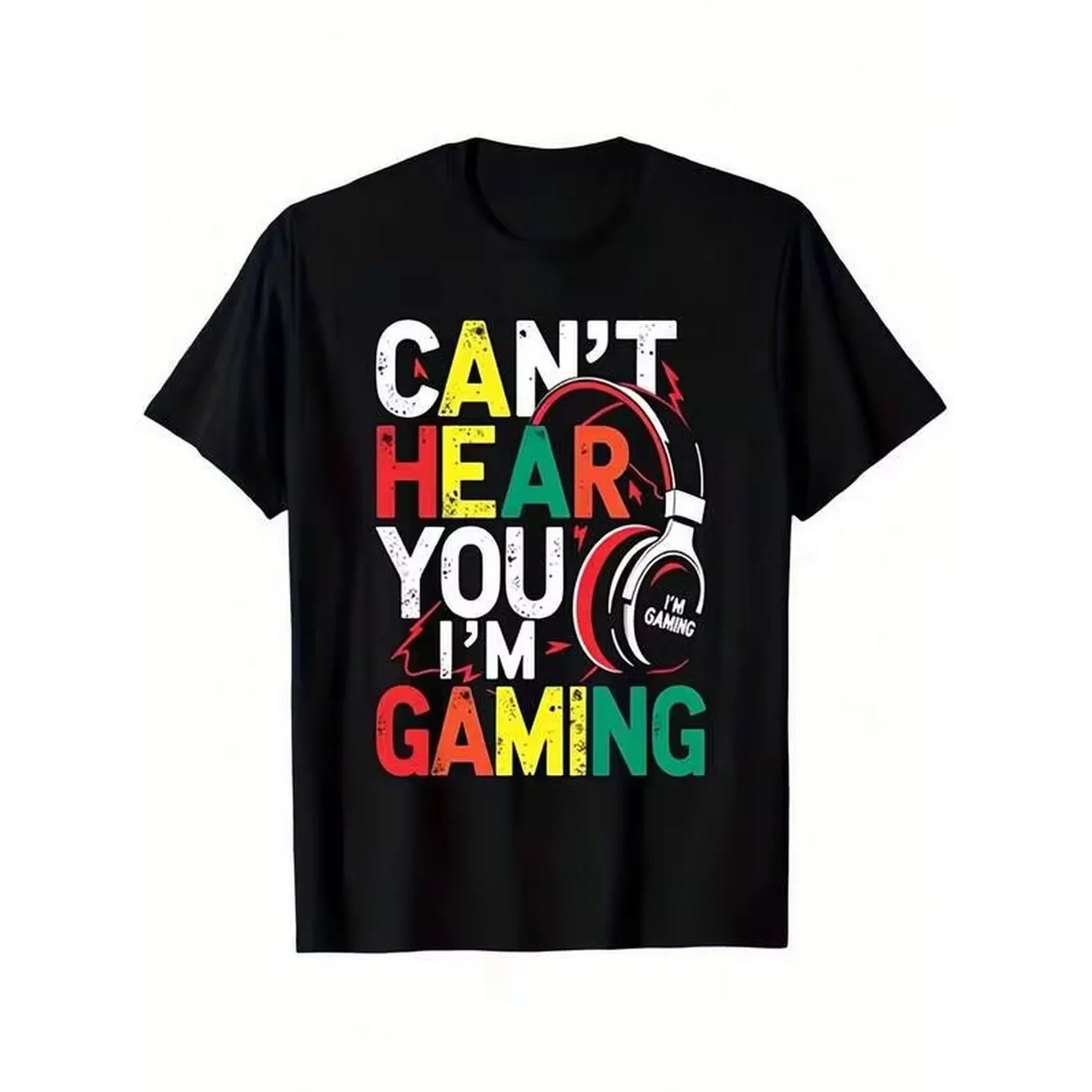 Gaming Headphones Graphic Print Men Black T Shirt, Crew Neck Medium Stretch Knit Cotton Regular Fit Casual Short Sleeve Tee Top For Men Boys