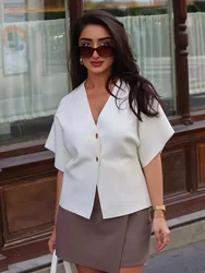 Ladies Elegant V Neck Single Breasted Knitted Cardigan Sweater Women Short Sleeve Loose Cropped Vest Outerwear Clothes Female