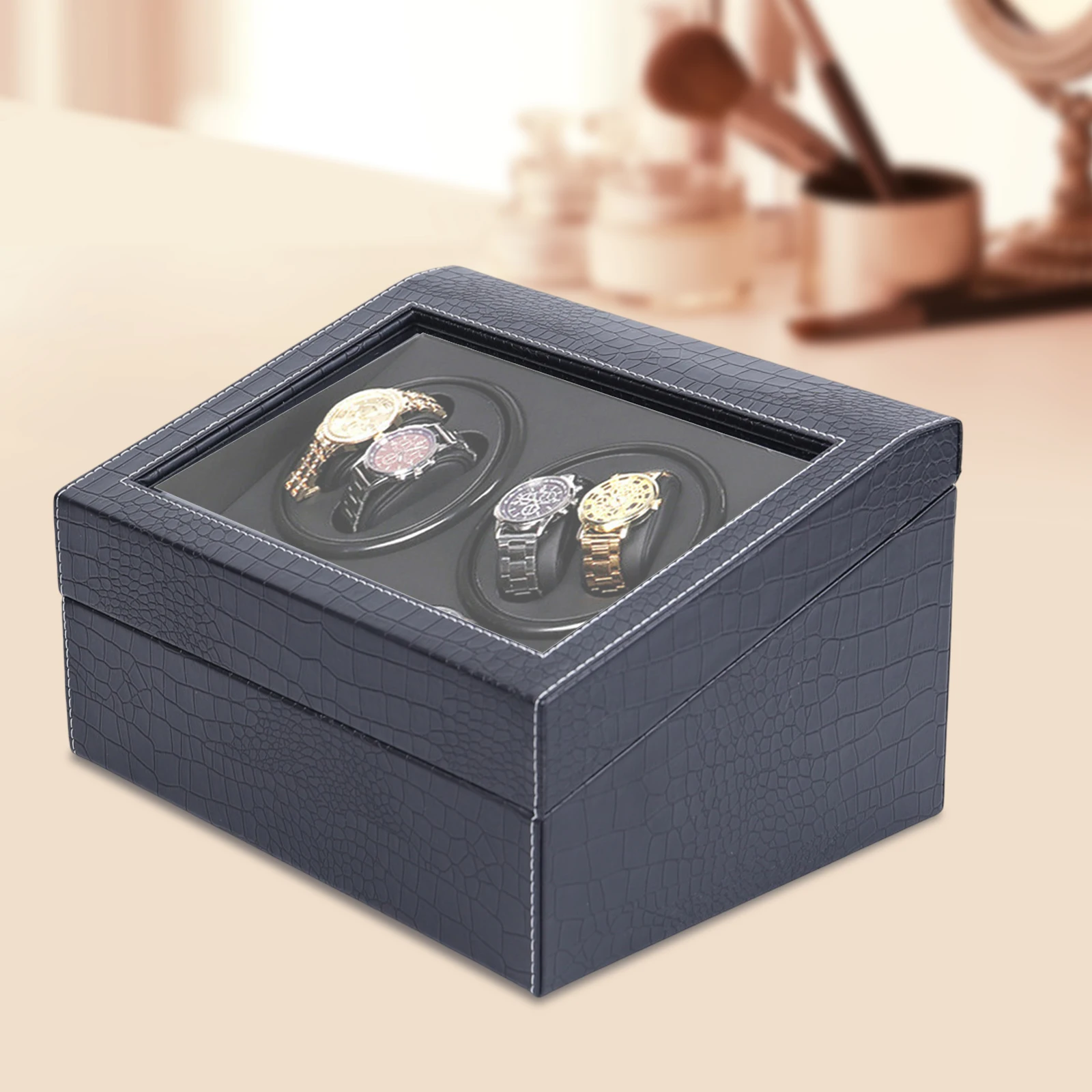 4+6 Luxury Leather Automatic Rotation Watch Winder Black Storage Box Display Case Crocodile Pattern