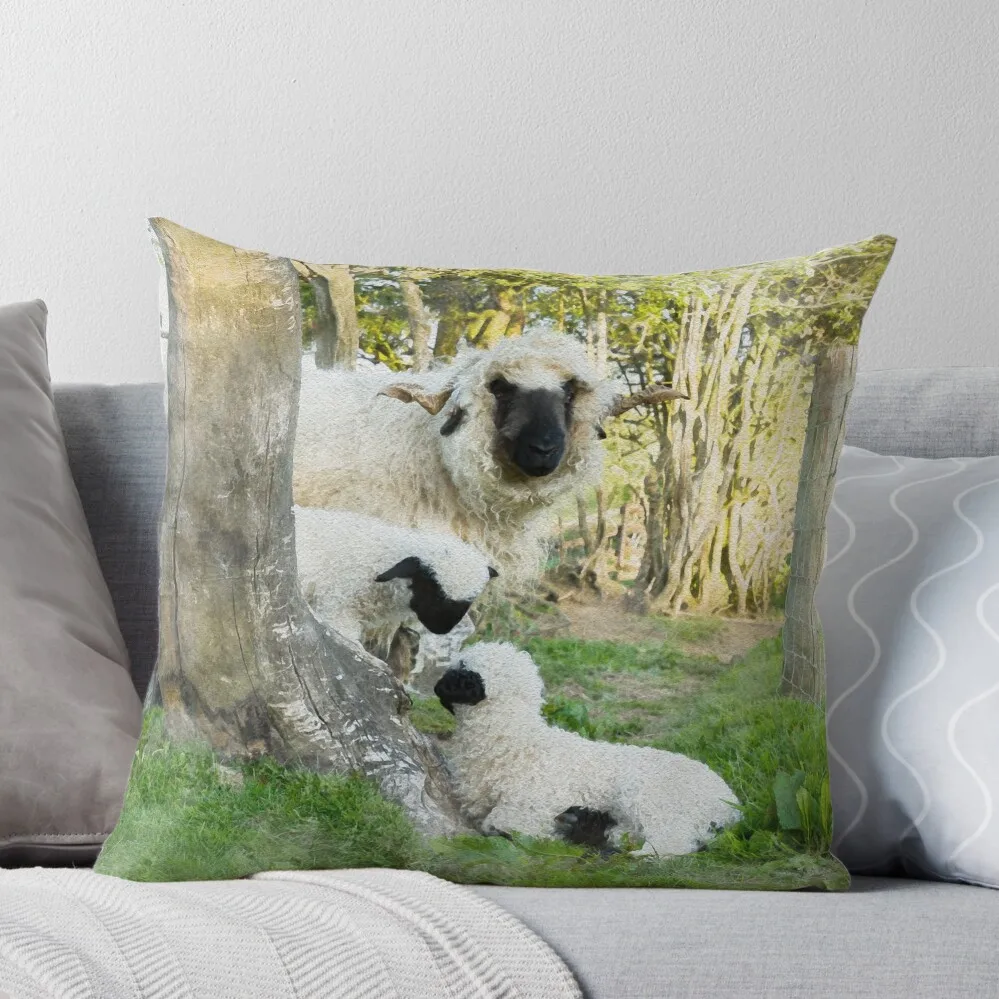 The Twins With Mum Watercolour Photograph - Valais Blacknose Lambs Throw Pillow Elastic Cover For Sofa Cushion Cover For Sofa