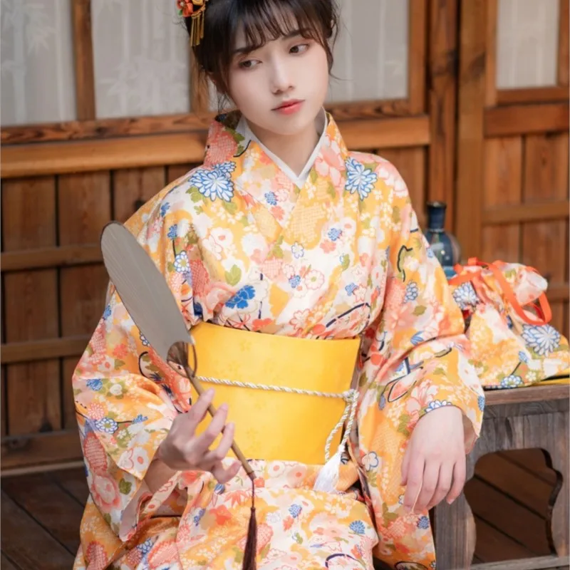 High Quality |Japanese Style Bathrobe Yellow Small Fan Cute Girl Kimono Blossom about Photography Clothes