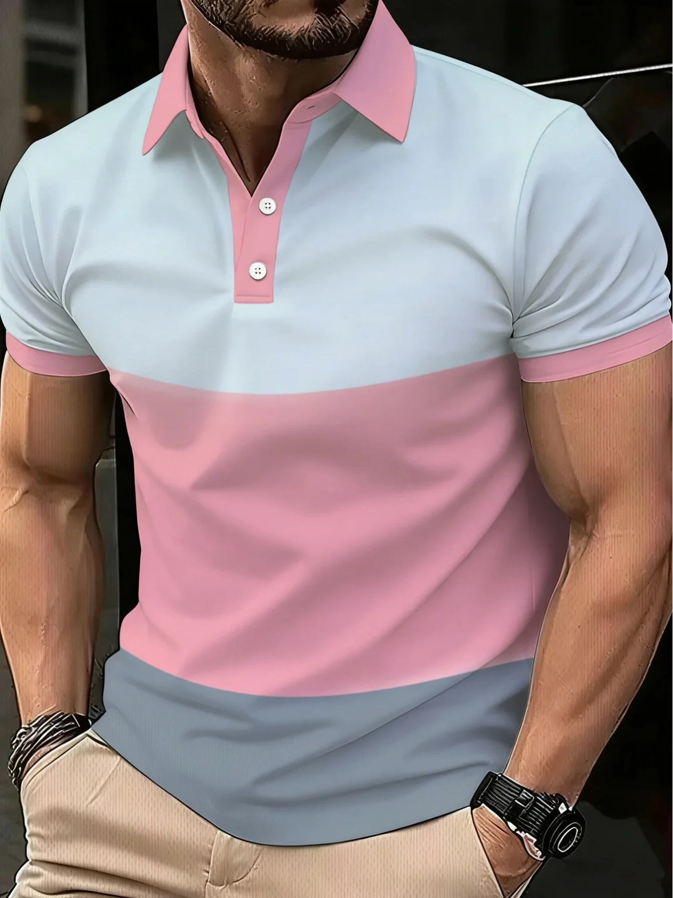 New men's short-sleeve polo shirt T-shirt, loose-fitting and tailored with printed patterns, versatile basic crew-neck top suita