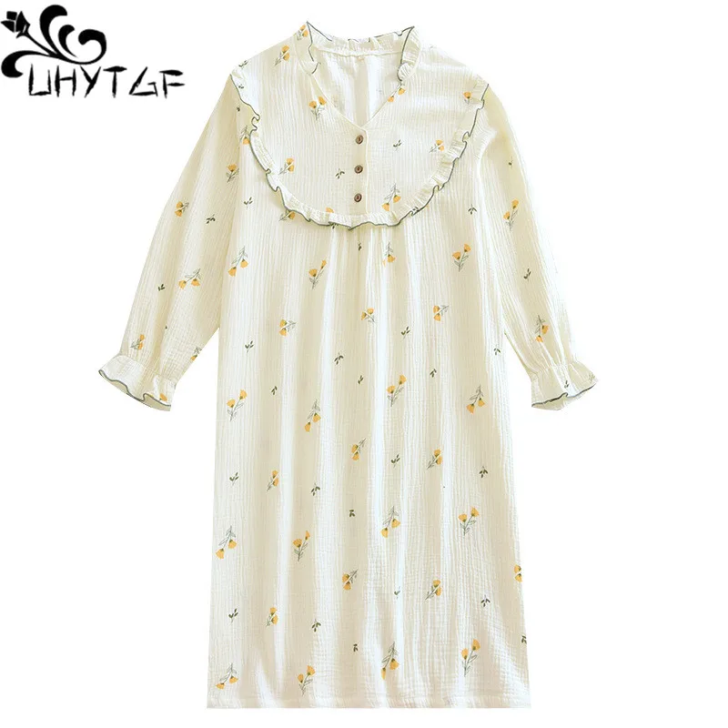 

UHYTGF Spring Summer Nightdress Womens Dress V-Neck Long-Sleeved Home Clothes Female Pajamas Pullover Cotton Thin Sleepwear 2673