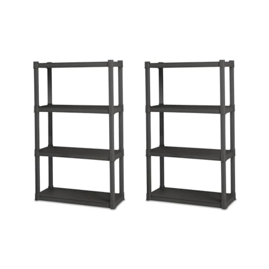 4 Shelf Unit, Heavy-Duty Plastic Utility Storage Rack, 2-Pack: for garage and basement use, black, rust-proof and stackable