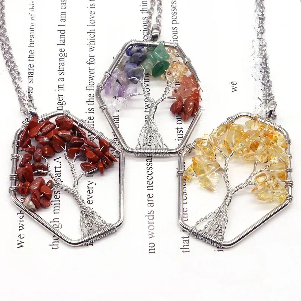 

Natural Gemstone Tree of Life 7 Chakra Necklace Healing Crystal Energy Handmade Pendant for Women Men Yoga Gravel Stones Jewelry