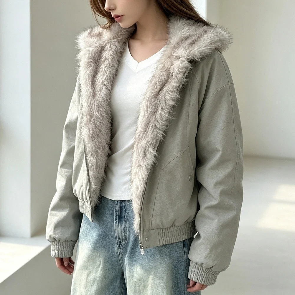 Women's Retro Short Loose-Fitting Jacket With A Large Collar And Fleece Lining