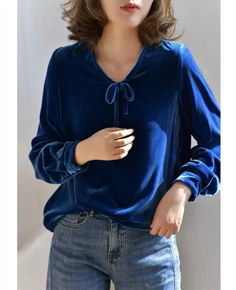 Velour Shirt New Loose Casual Solid Blusa Lady Long Sleeve lace up velvet Blouses Plus size Women Tops blusas mujer de moda 2024