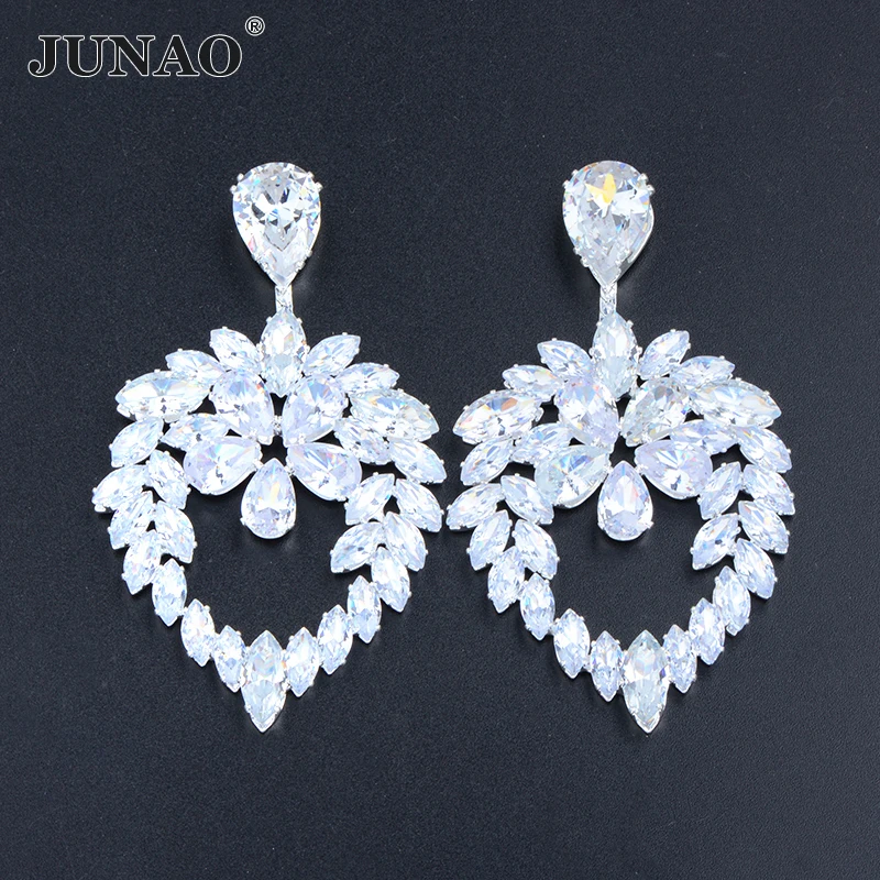 JUNAO 1Pcs 50*90mm Sewing Clear White Cubic Zirconia Rhinestone Flower Brooch Silver Claw Crystal For DIY Jewelry Making