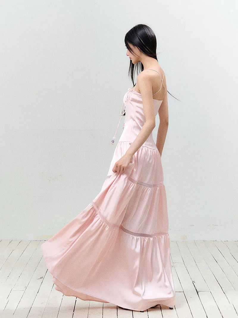 REDDACHiC โรแมนติกสีชมพูซาตินผู้หญิง Cami ชุดโบว์ครอสโอเวอร์กลับปิดไหล่ Hollow Out Maxi ยาวชุดราตรีอย่างเป็นทางการ