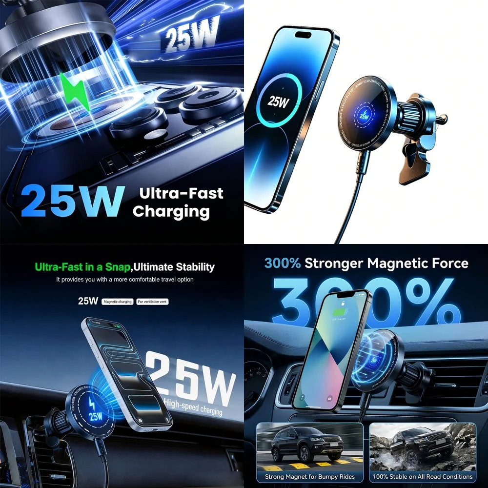 UYUXIO Super Fast 25W Magnetic Wireless Car Charger for iPhone 17 16 15 14 13 12 Series Pro Max Air Vent Phone Holder Stand