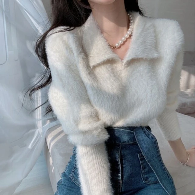 Fluffy Pullover Woman Turn Down Collar Solid Color Korean Fashion Long Sleeve Pullovers Sweet Soft Sweater Female Dropshipping AliExpress