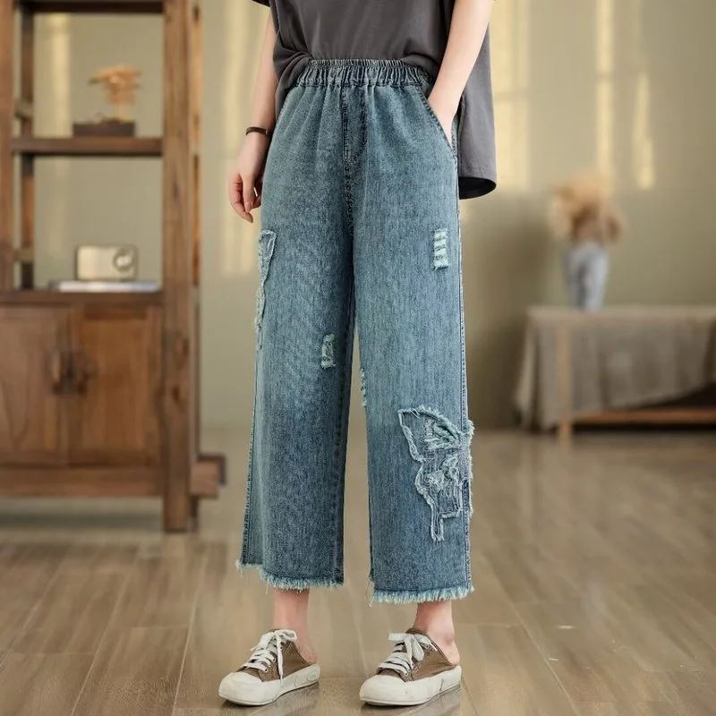 Harajuku fashion vintage denim straight-leg pants for women autumn summer elastic waist ripped butterfly jeans y2k clothing