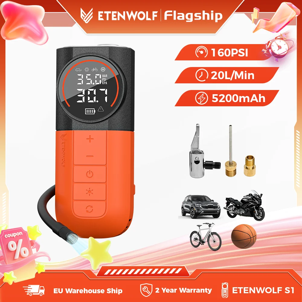ETENWOLF S1 Luftkompressor 5200mAh Tragbarer Reifenfüller, 20L/Min Schnellfüllpumpe für Autos, Motorräder, Fahrräder, Bälle