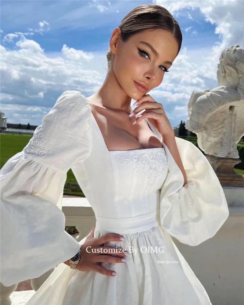 OIMG Gaun Pesta Pernikahan Pendek Linen Katun Gading Antik Lengan Panjang Puff Leher Persegi Gaun Formal Prom Mini Robe De Soiree