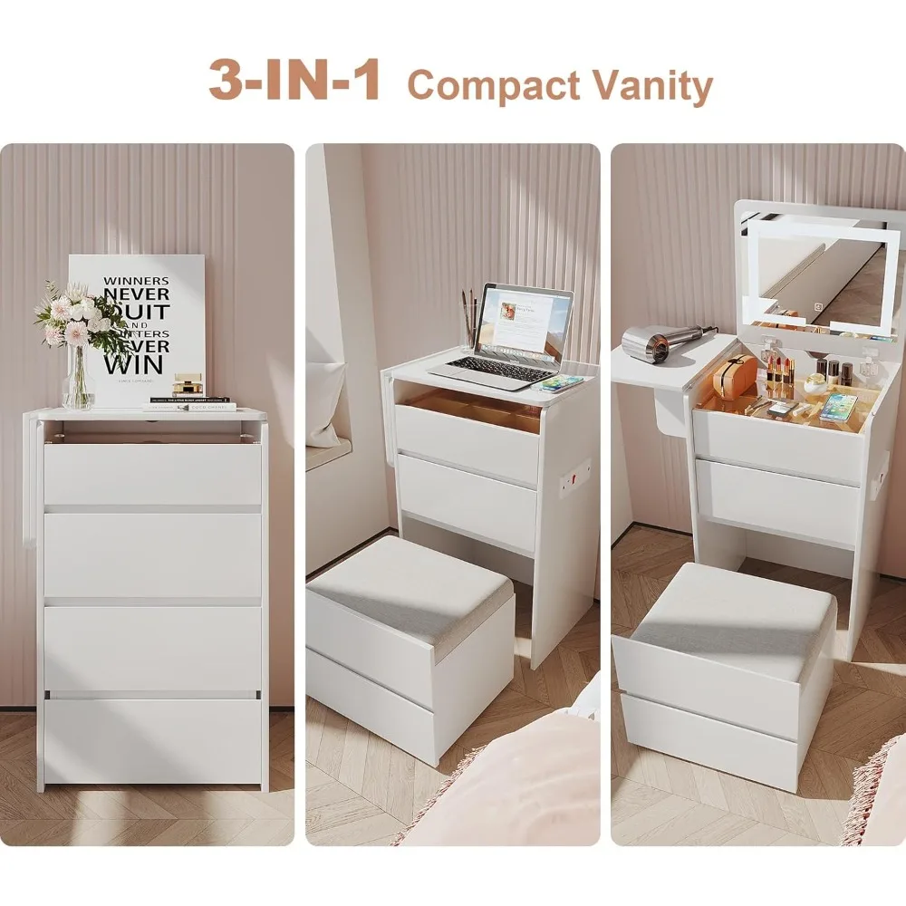 Small Vanity Desk with Mirror, Compact Vanity with Hidden Chair for Space Saving, 3 in 1 Makeup Vanity W Glass Top Power Outlet