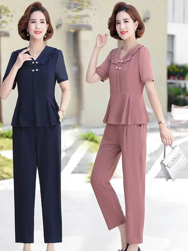 

Fashionable New Chinese Style Summer Set Women's Short Sleeve Button Design Slimming Anti-Aging Mom Two-Piece Trendy Outfit