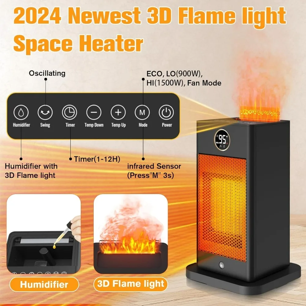 1500W PTC Space Heater Large Room,2s Fast Heating Heater with Sensor/Humidifier/3D Flame Heat Up 260 sq.ft